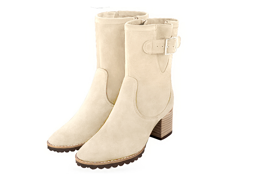 Champagne beige women's ankle boots with buckles on the sides. Round toe. Medium block heels. Front view - Florence KOOIJMAN